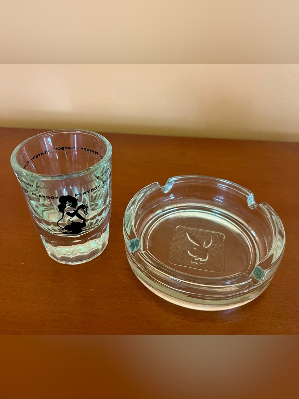 Vintage PLAYBOY Clear Glass Shot Glass and Ashtray Set with Black Logo